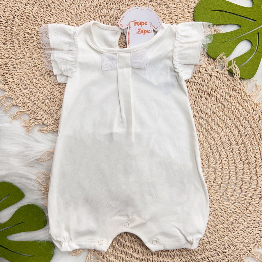 Macacão Curto com Laço e Mangas em Tule Brilhantes - Off White